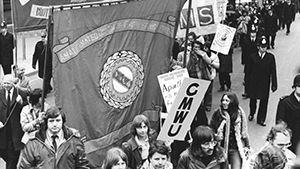 Trade union banners on a march to Trafalgar Square