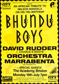 Poster advertising a concert held to celebrate Nelson Mandela’s 70th birthday on 18 July 1988. The concert featured the Zimbabwean group the Bhundu Boys, calypsonian David Rudder and Orchestra Marrabenta from Mozambique. It took place at The Academy, a major rock venue in Brixton, home of one of London’s biggest black communities.
